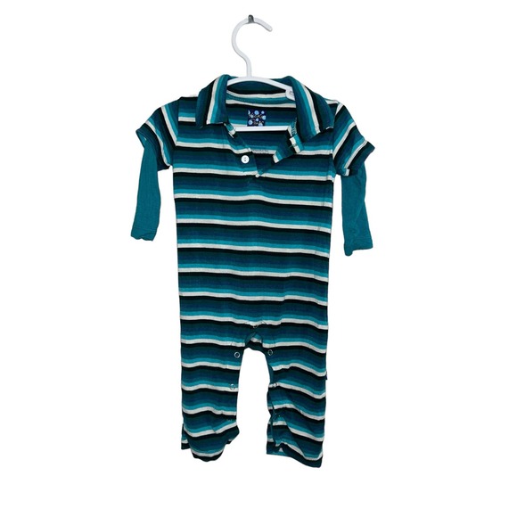 KicKee Pants Long Sleeve Romper in Ice Multi Stripe - Picture 2 of 4